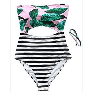 NWOT Poppoly Leaf/Stripe Print One Piece Swimsuit